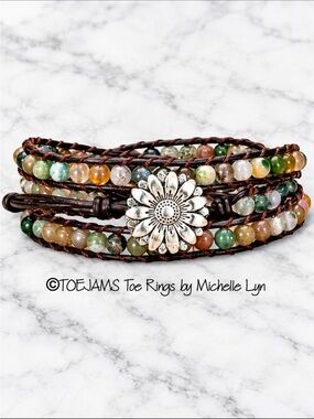 FRIENDSHIP BRACELET Daisy Button Leather and Quartz Adjustable Wrap Handmade